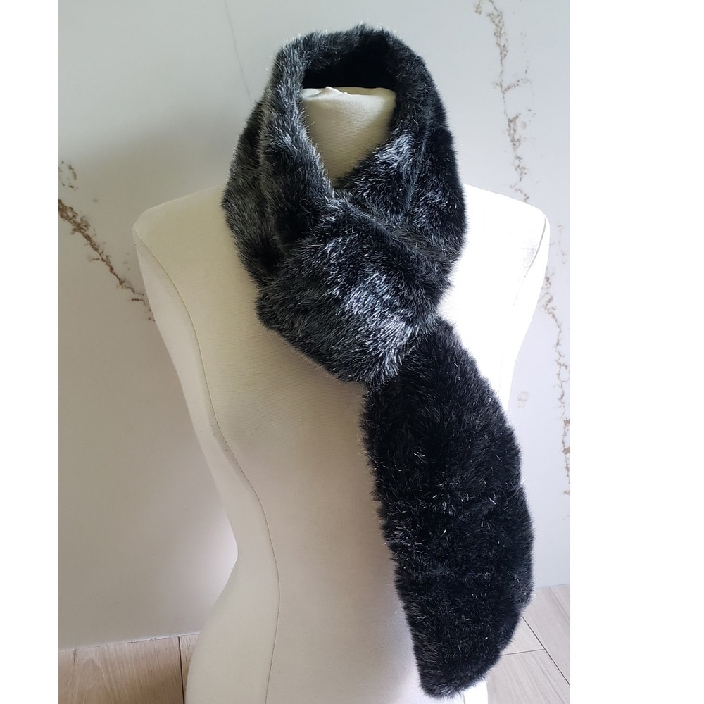 Vintage Faux Fur Scarf Black Silver Shag Pull Through Stole Timeless
